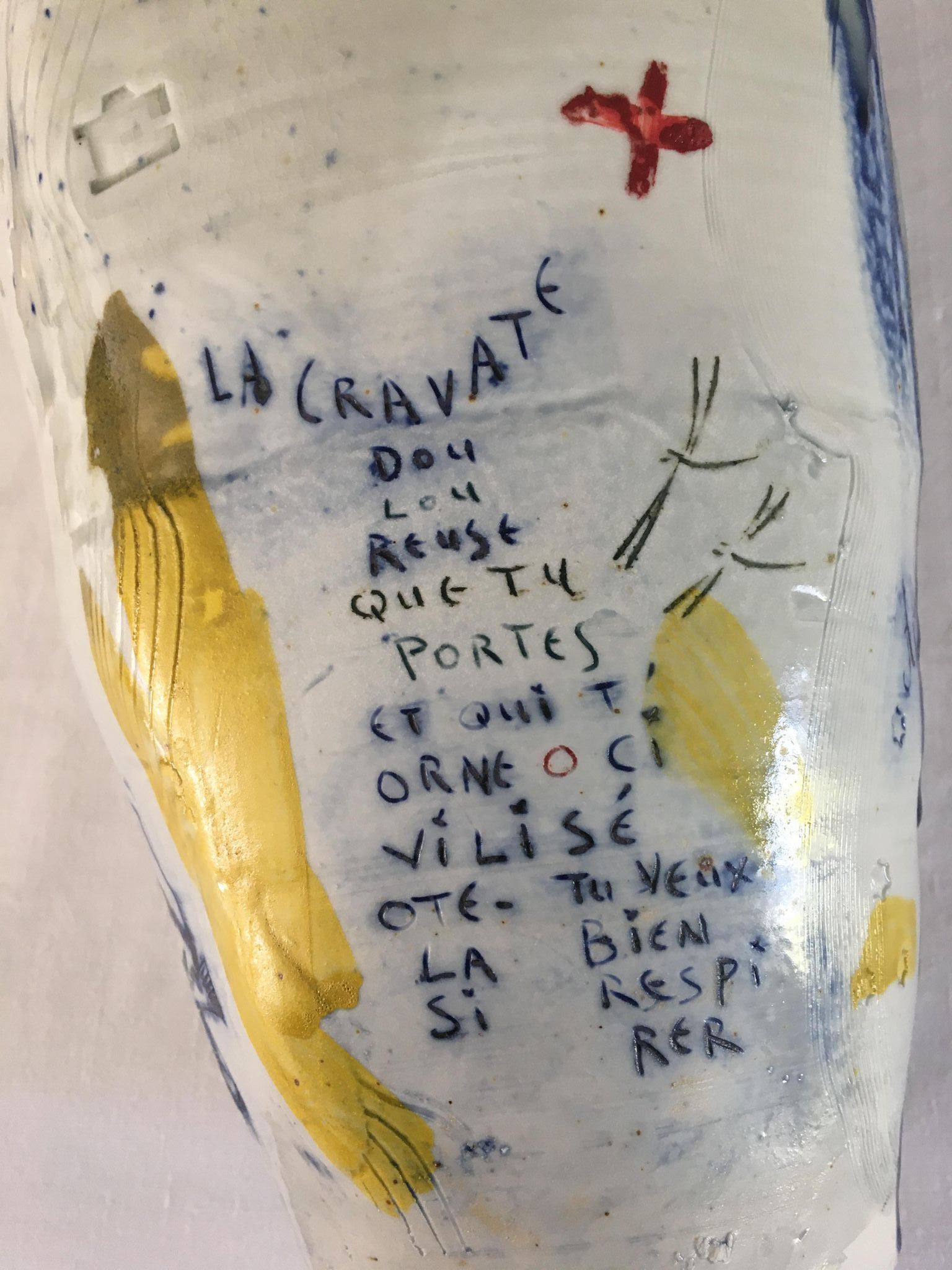 Thierry Basile vase in enamelled sandstone with abstract decoration