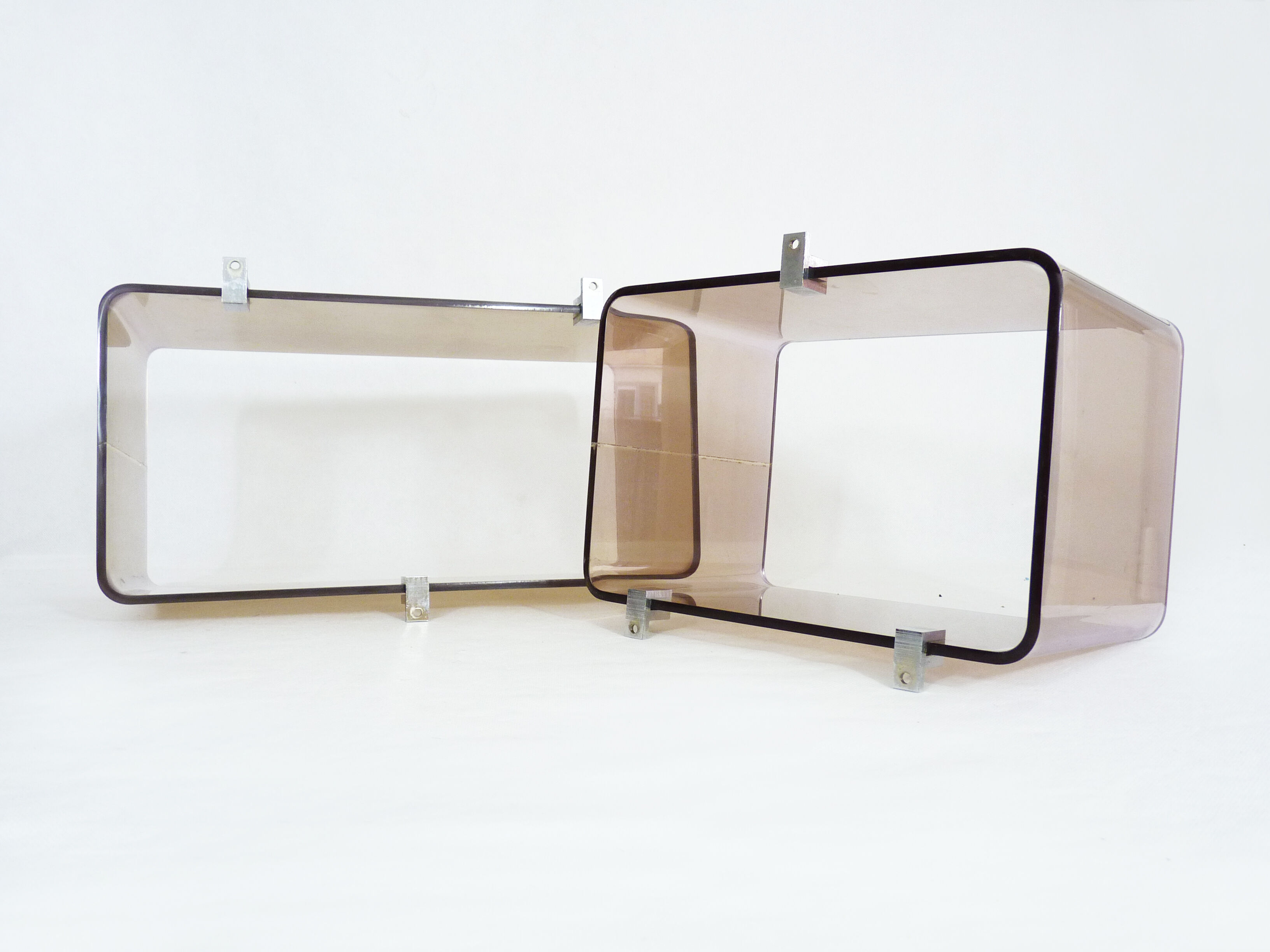 Lot of 2 Space Age wall shelves in smoked plexiglass 1970