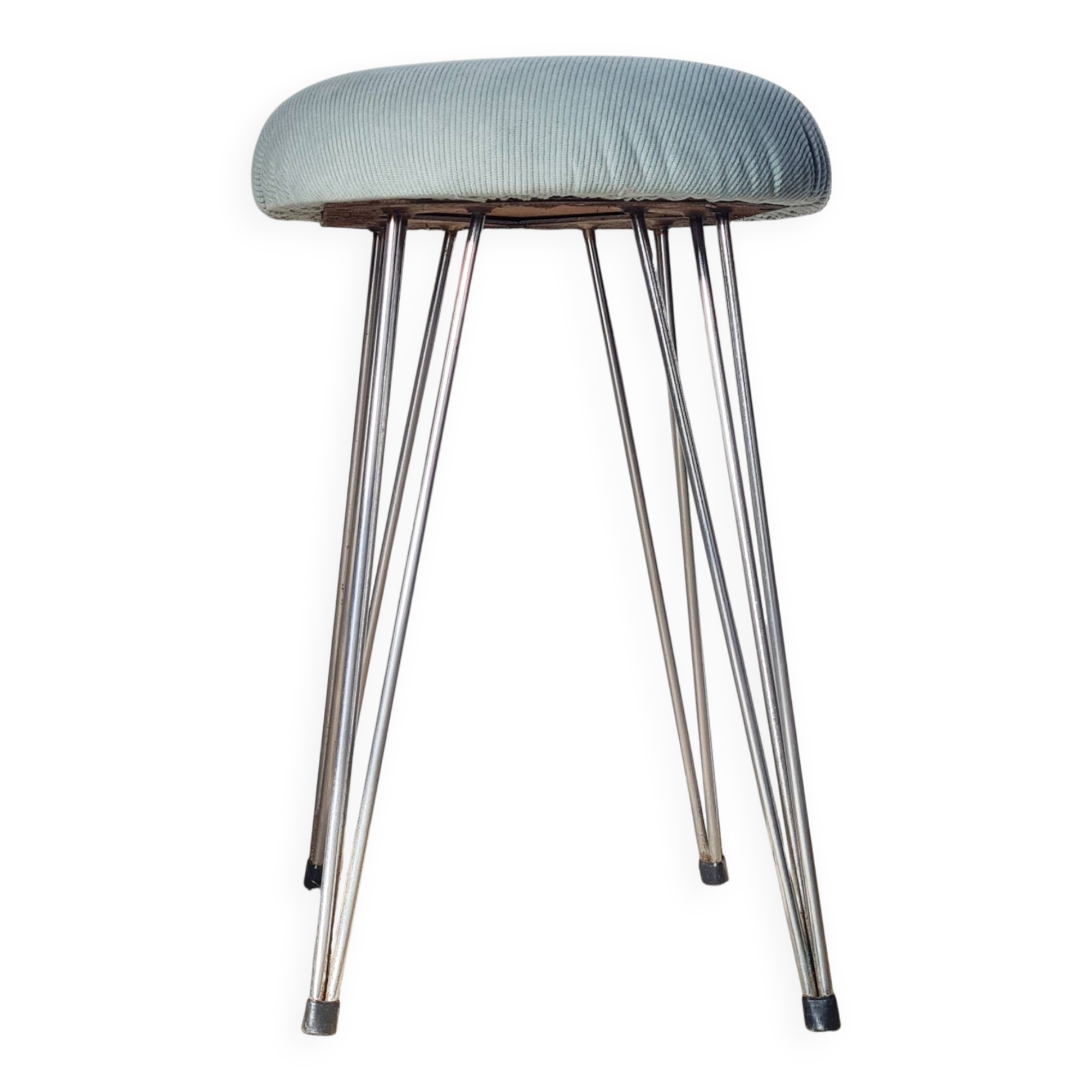 Vintage 1950s stool, metal tapered legs and velvet.