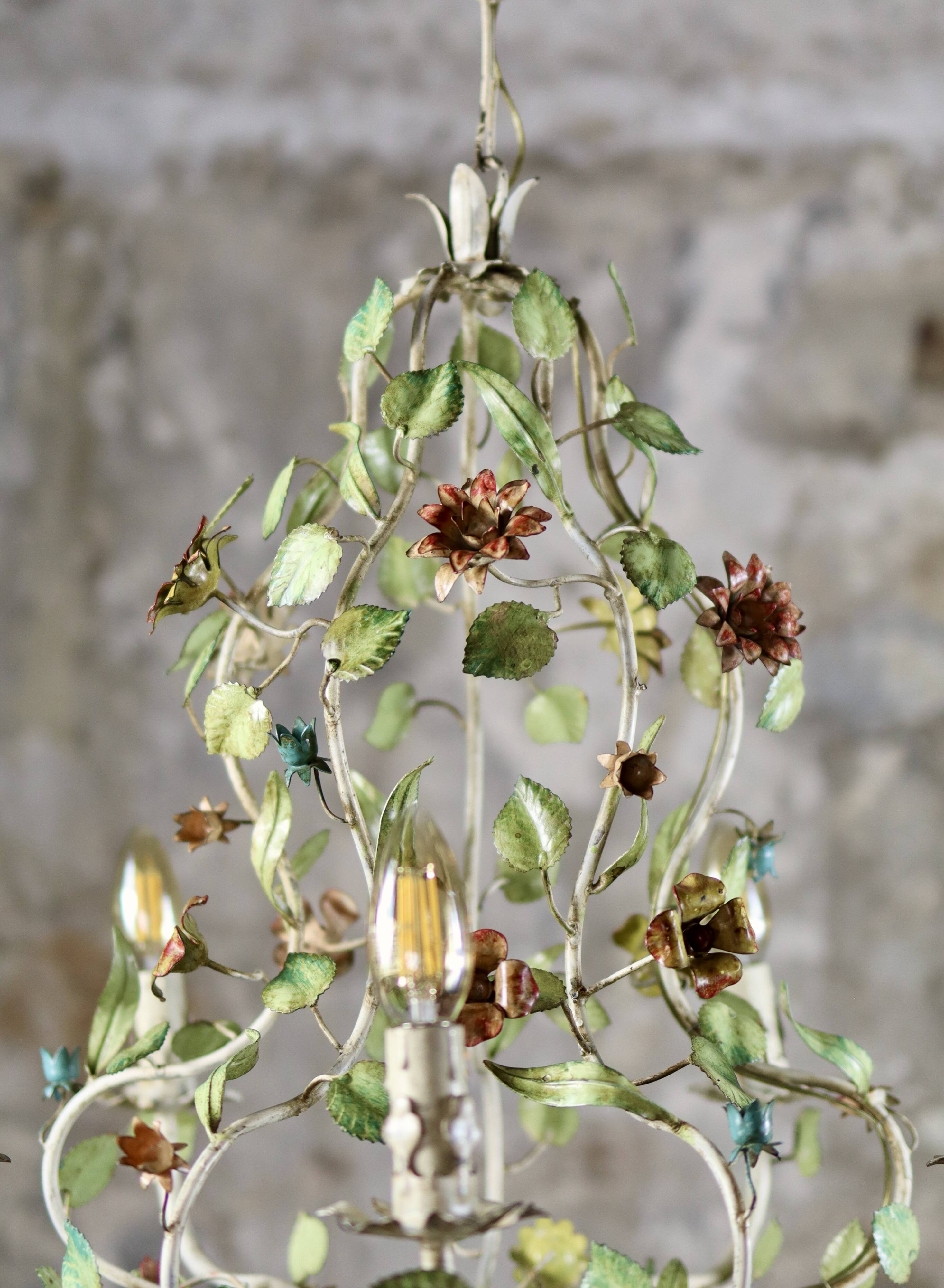 Large flower and leaf chandelier, hand-painted sheet metal, Italy, 1940s
