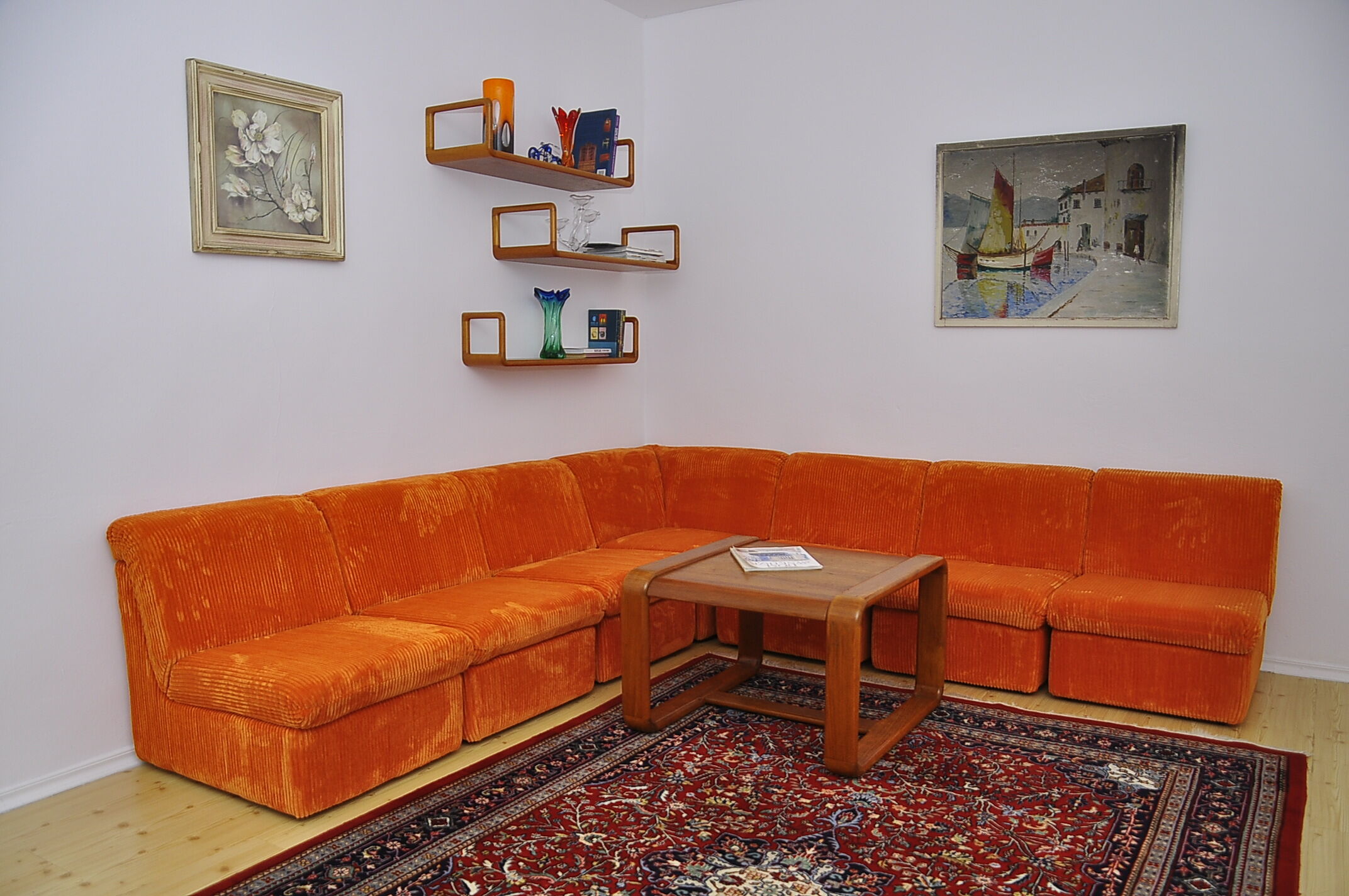 Orange corduroy Modular sofa from the 70's, 3 pieces