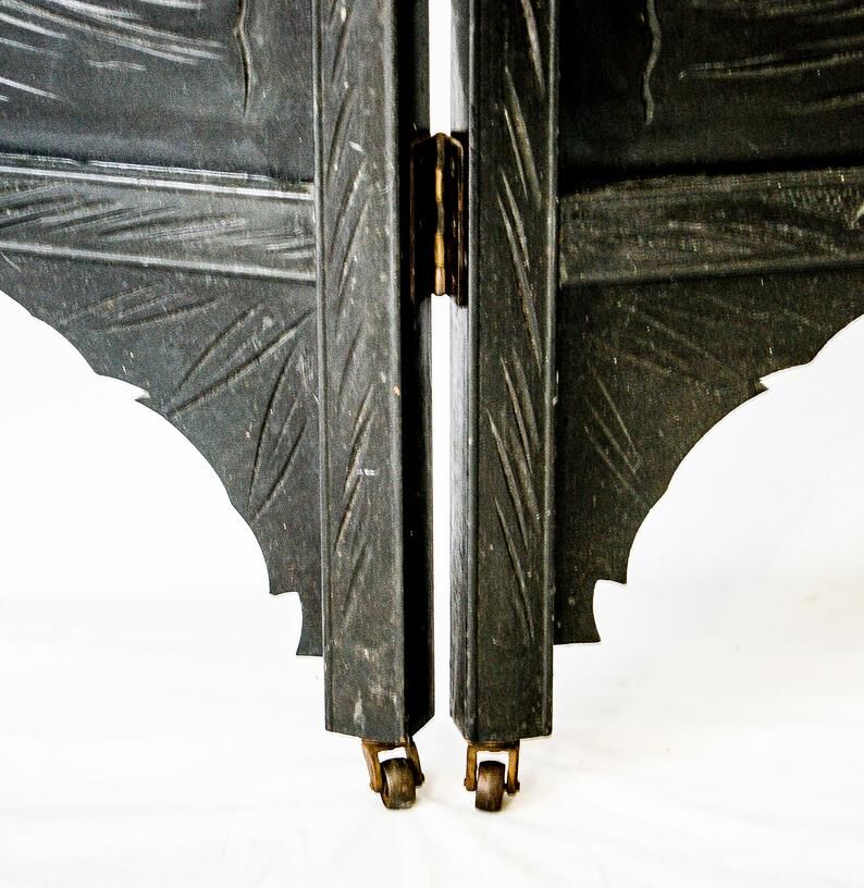 Early 20th century 4 panel room divider folding screen with 3d birds