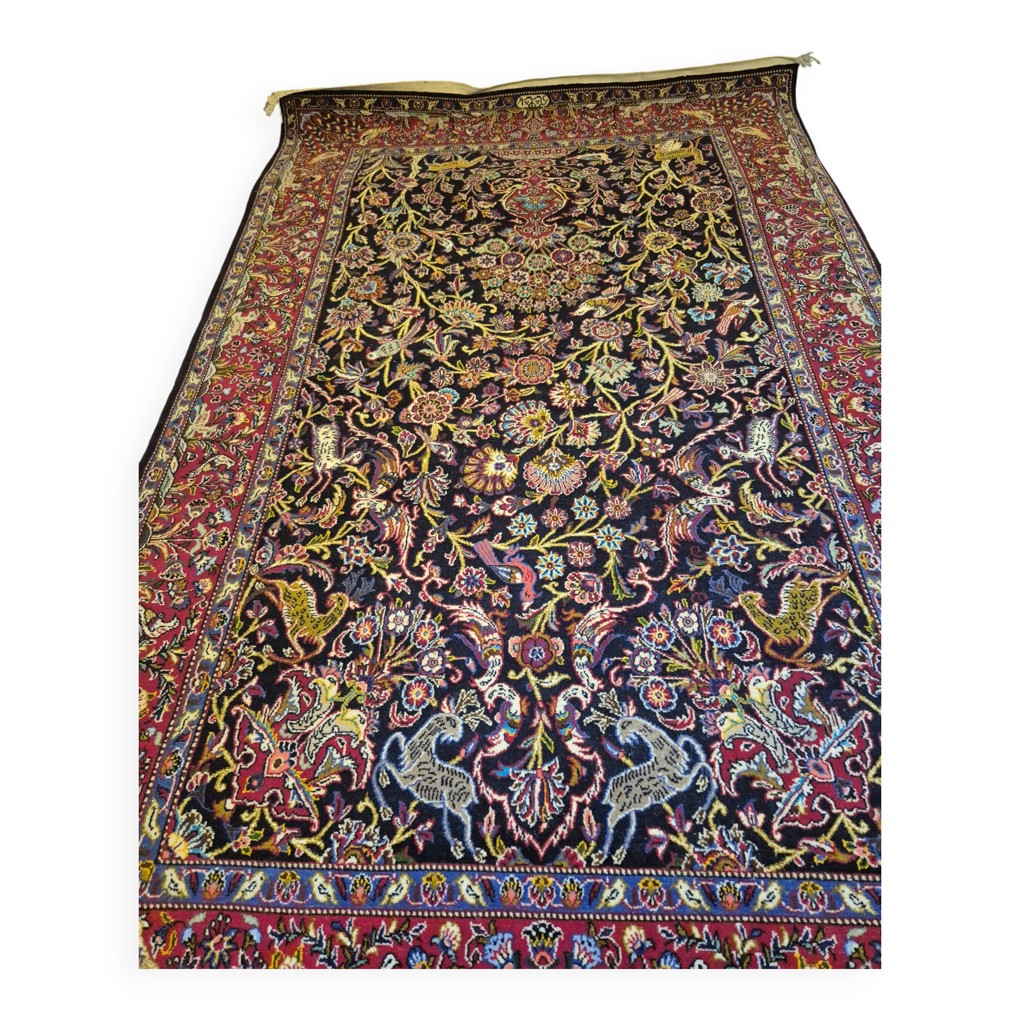Grand Tapis Kashan Chasse Bleu Nuit 146x222 – Scène Animée