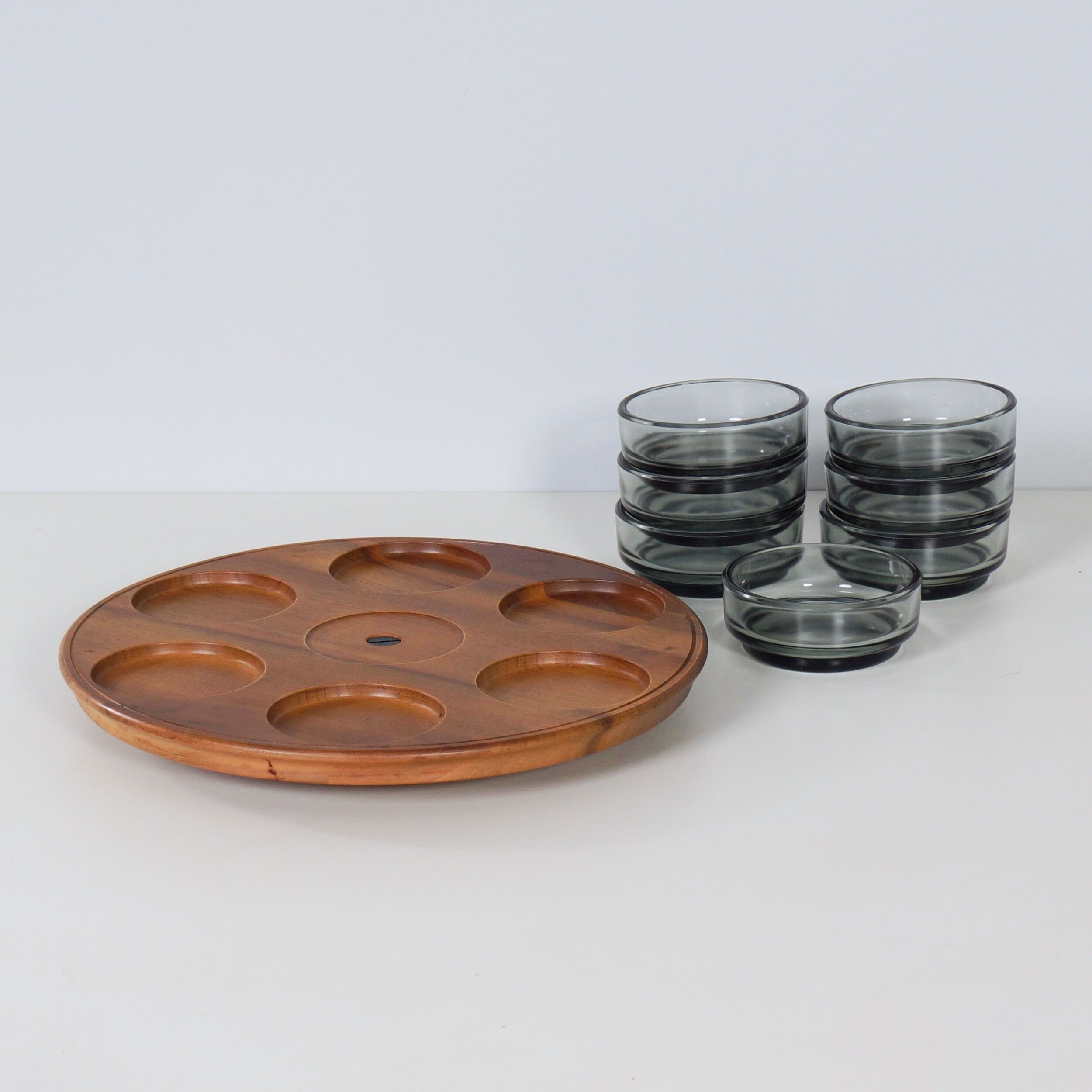 Vintage teak Lazy Susan with 7 glass bowls, 1960s