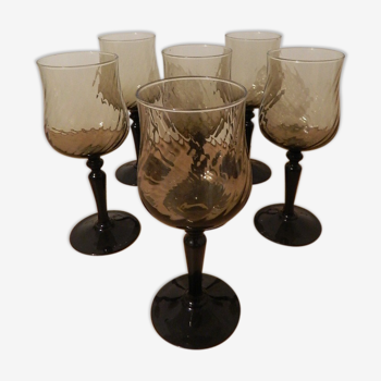 Set 6 verres à vin ou eau fumé noir pied noir vintage années 70