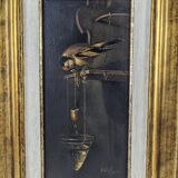 Oil on canvas of a tanager bird and water, sign Oil on canvas of a tanager bird and water, signeded