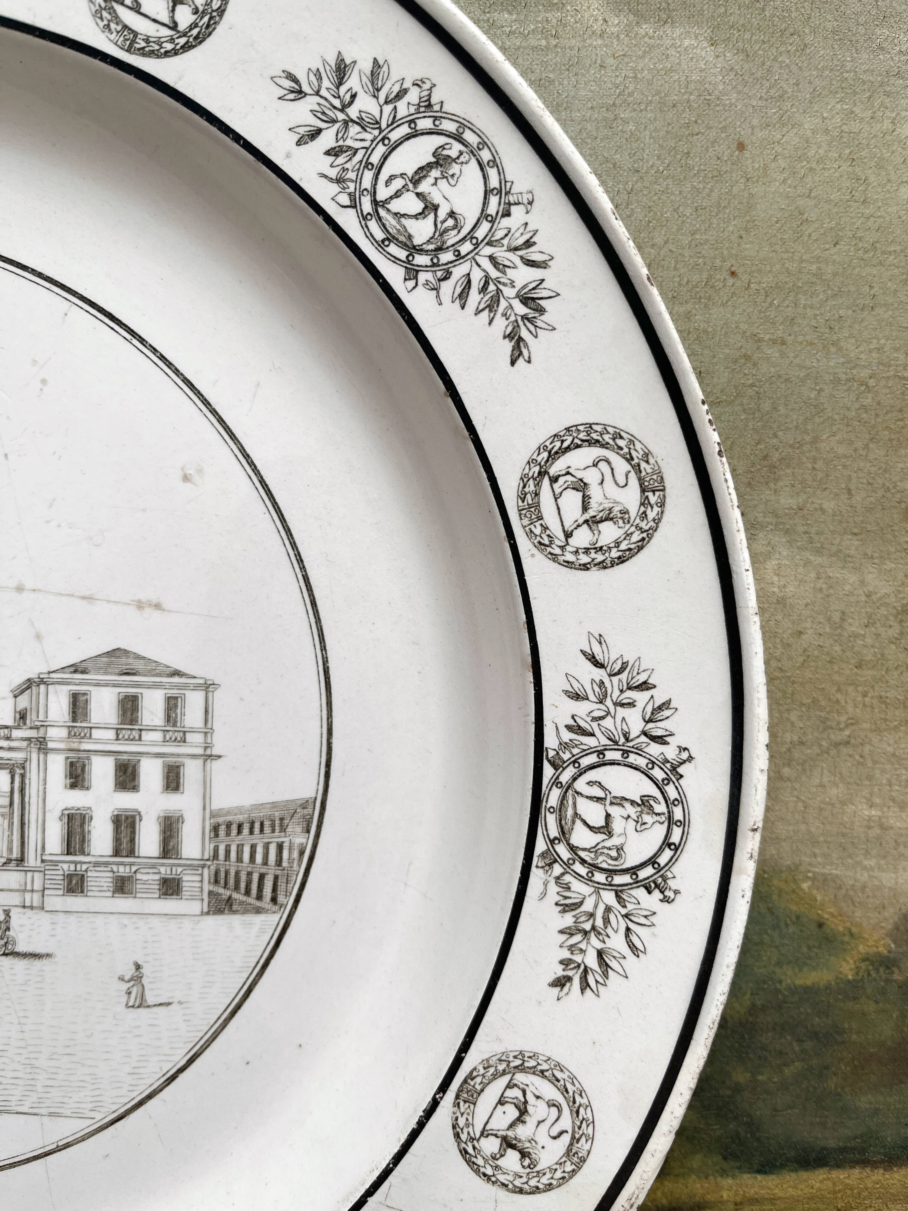 Antique fine earthenware plate "Palais Bourbon" Creil, early 19th century