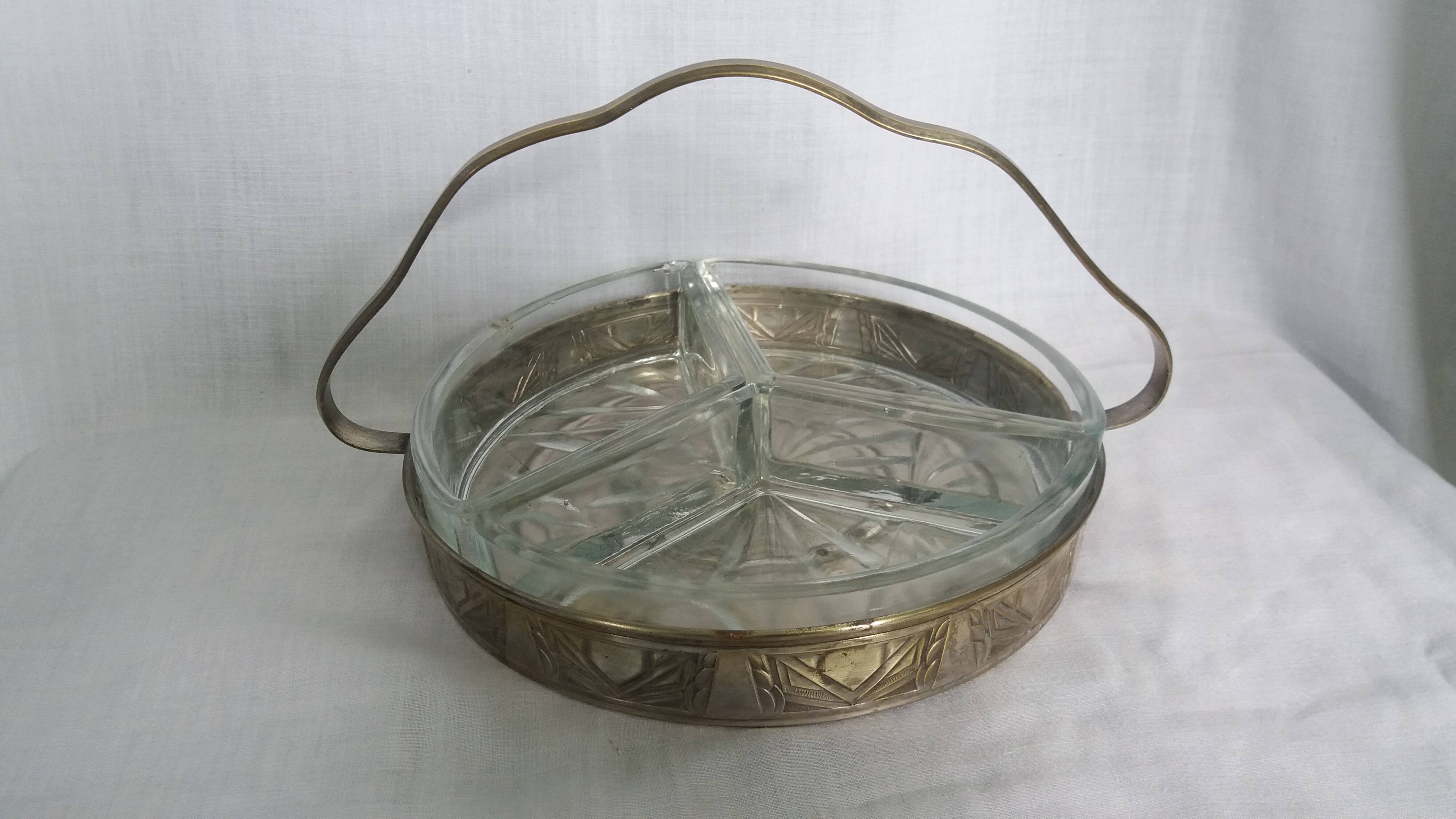 Aperitif platter, metal server and glass ramekins, Art Deco