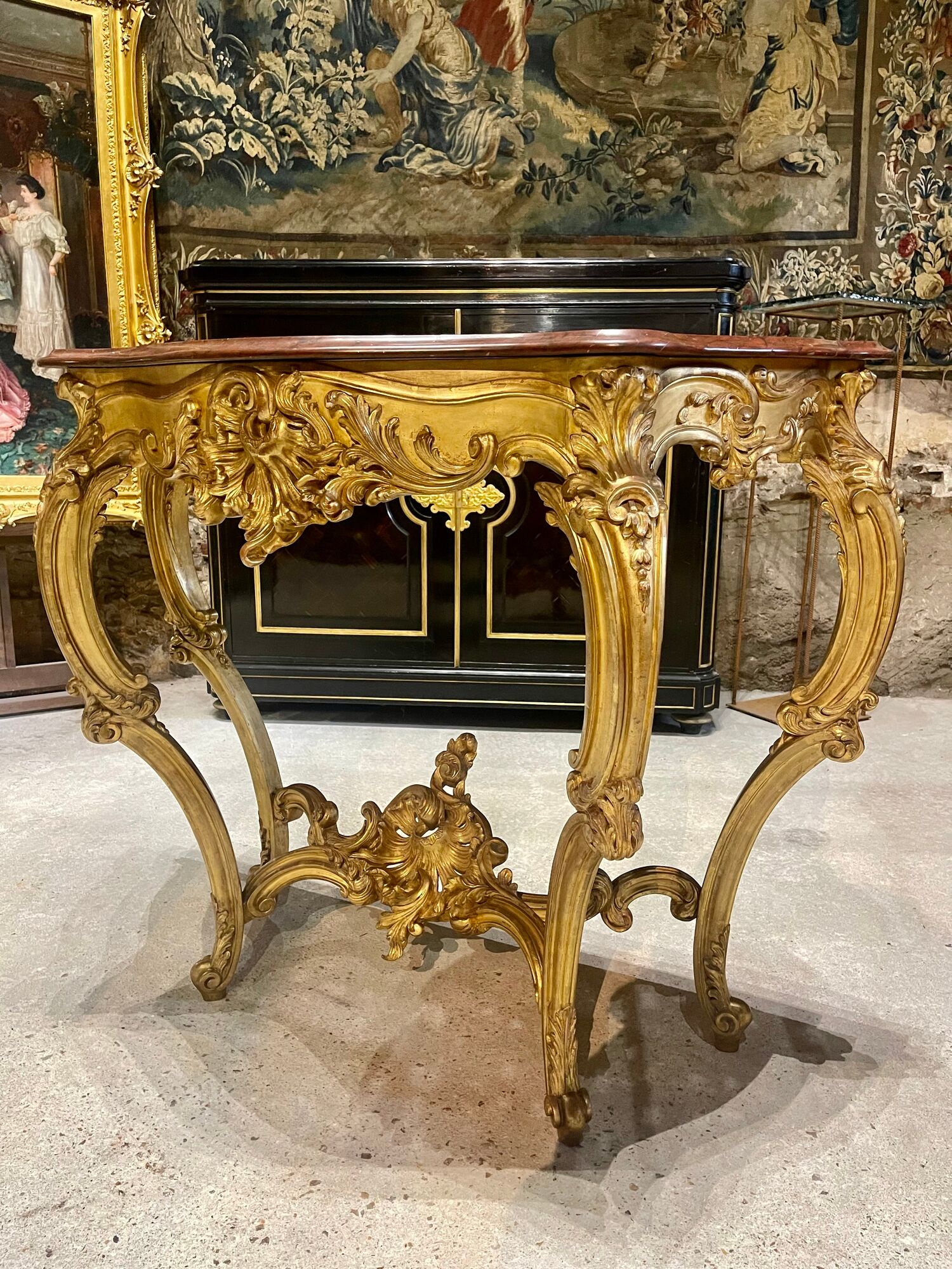 Console 4 legs Louis XV style Gilded wood period Napoleon III Griotte marble top