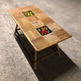 Table basse en rotin avec carreaux de céramique, années 60