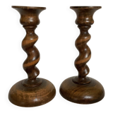 Pair of twisted turned wood candlesticks