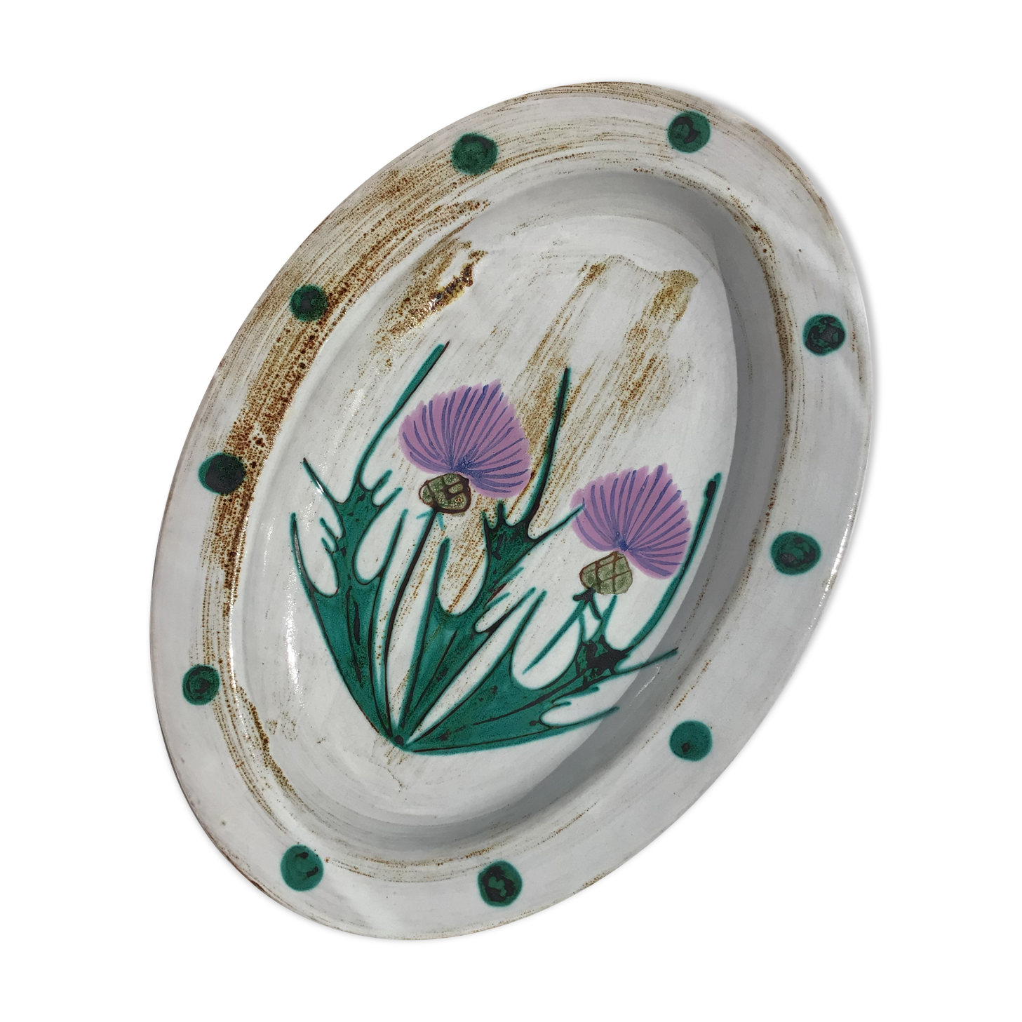 Oval dish Vallauris handmade thistles