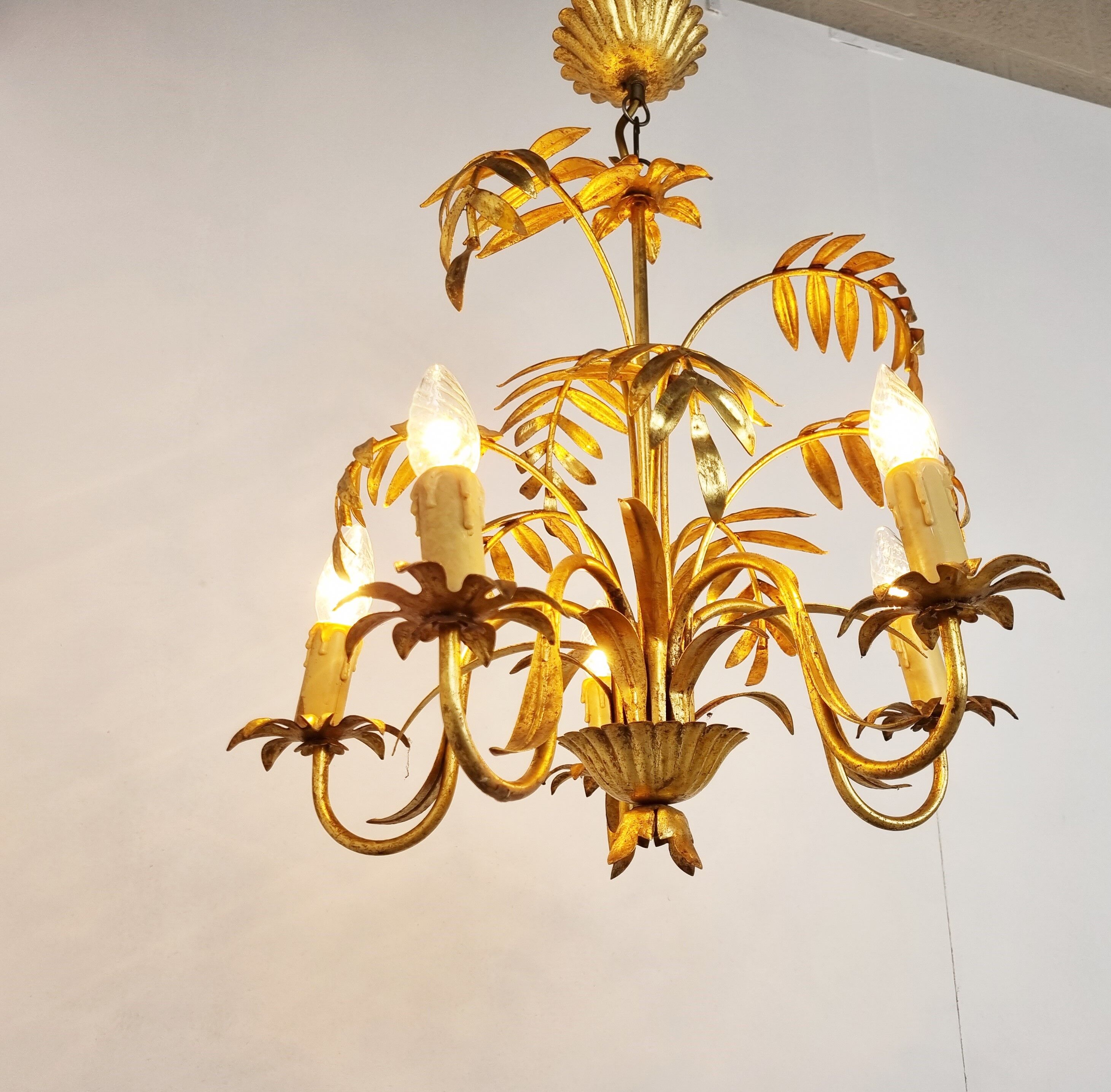 Vintage gilt metal palm chandelier, 1960s