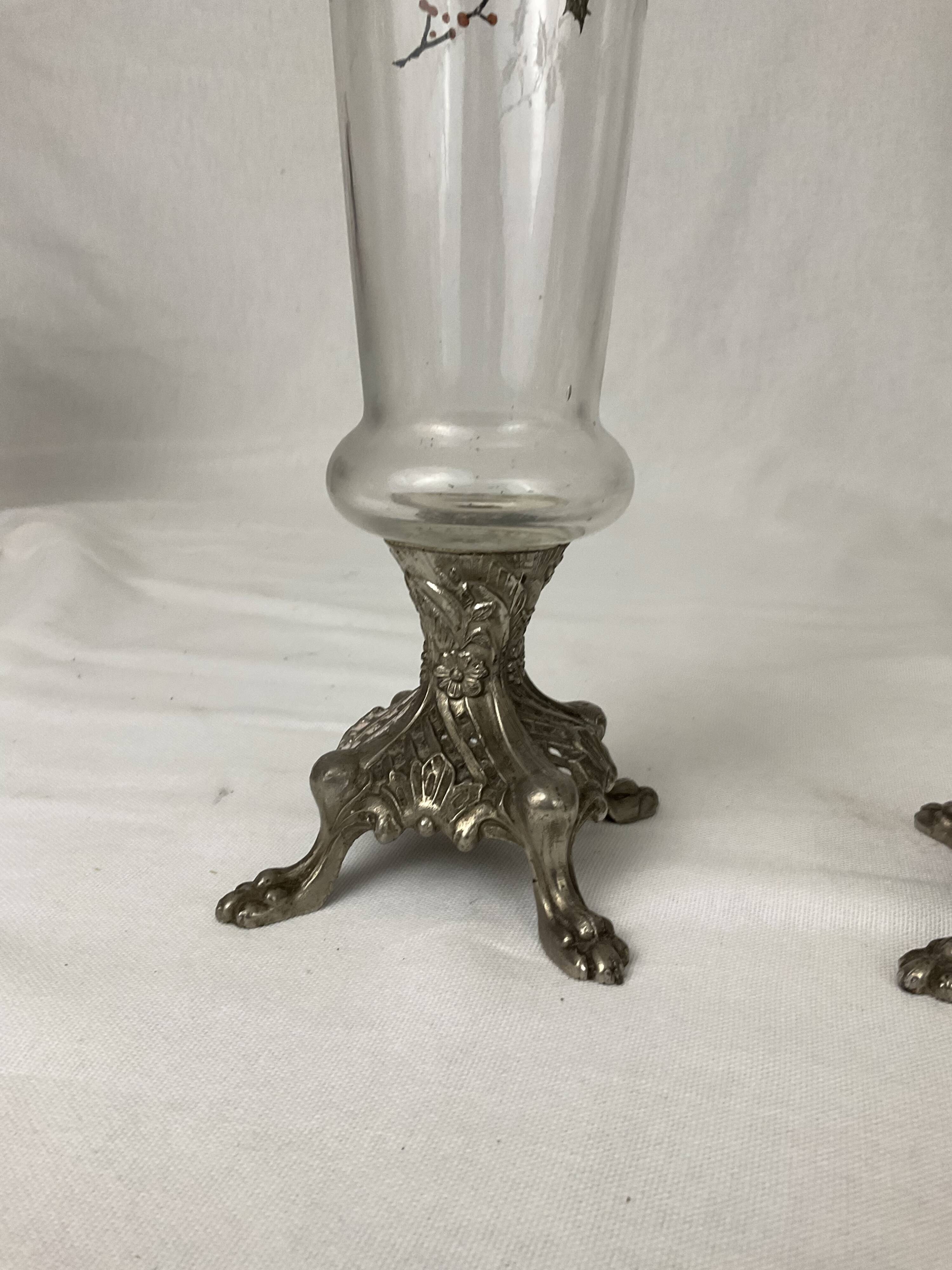 Pair of glass soliflore vases in glass enamelle foot claw in regulates napoleon III