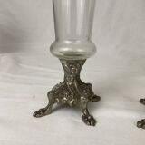 Paire de vases soliflore en verre emaille pied griffe en régule napoleon III