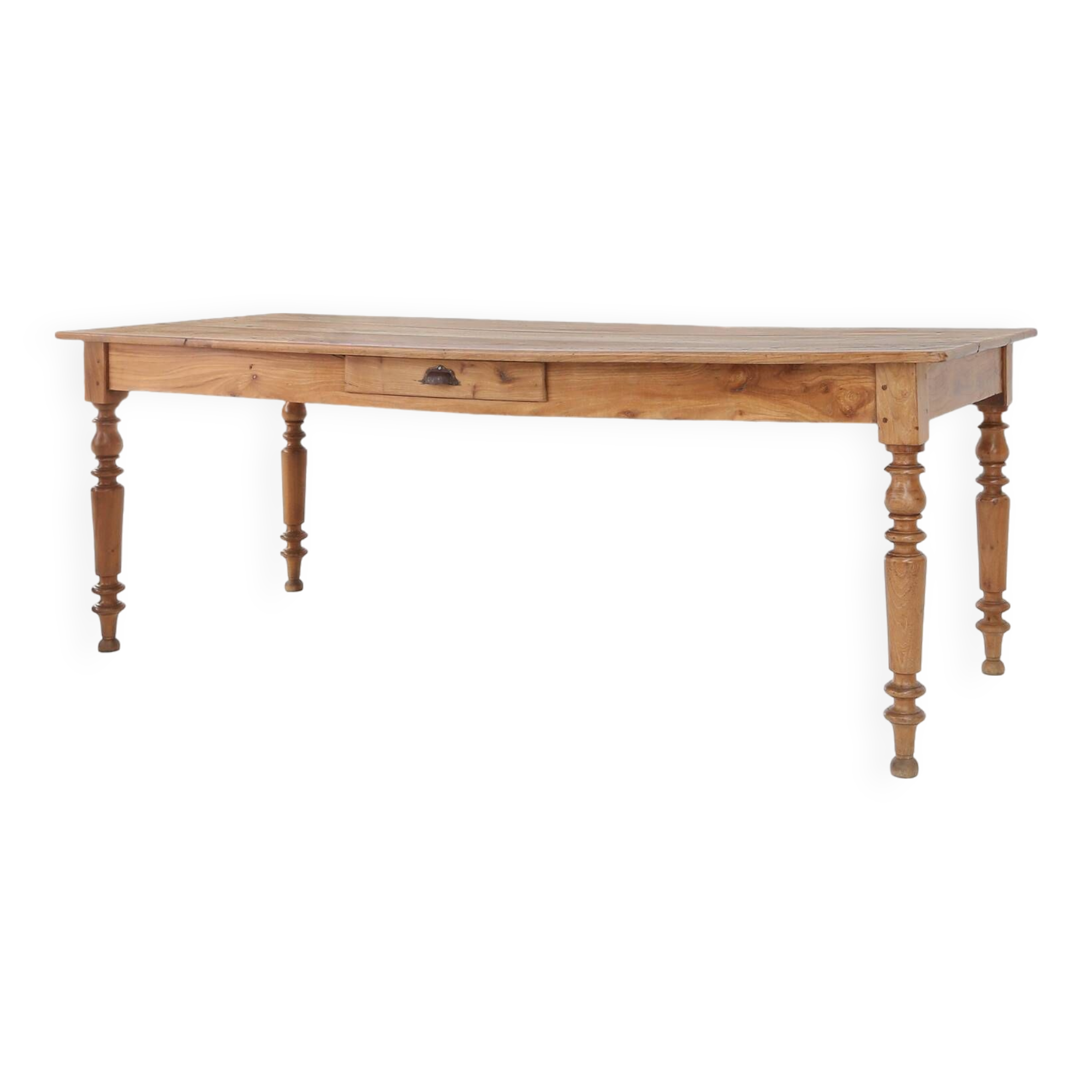 Wabi sabi style French dinner table in elm wood with drawer, ca. 1850