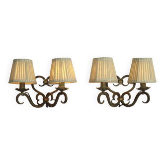 Pair old french double scrolled green wrought iron wall sconces with shades 4404