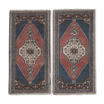 Red Turkish Vintage Handmade Geometric Anatolian Rug - Set of Two