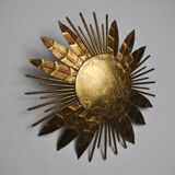 Brutalist sun floral wall lamp, gold leaf gilded metal, Italy, 1970