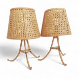 Mid-Century Bamboo and Cane Pair of Large Table Lamps By Louis Sognot, 1970s
