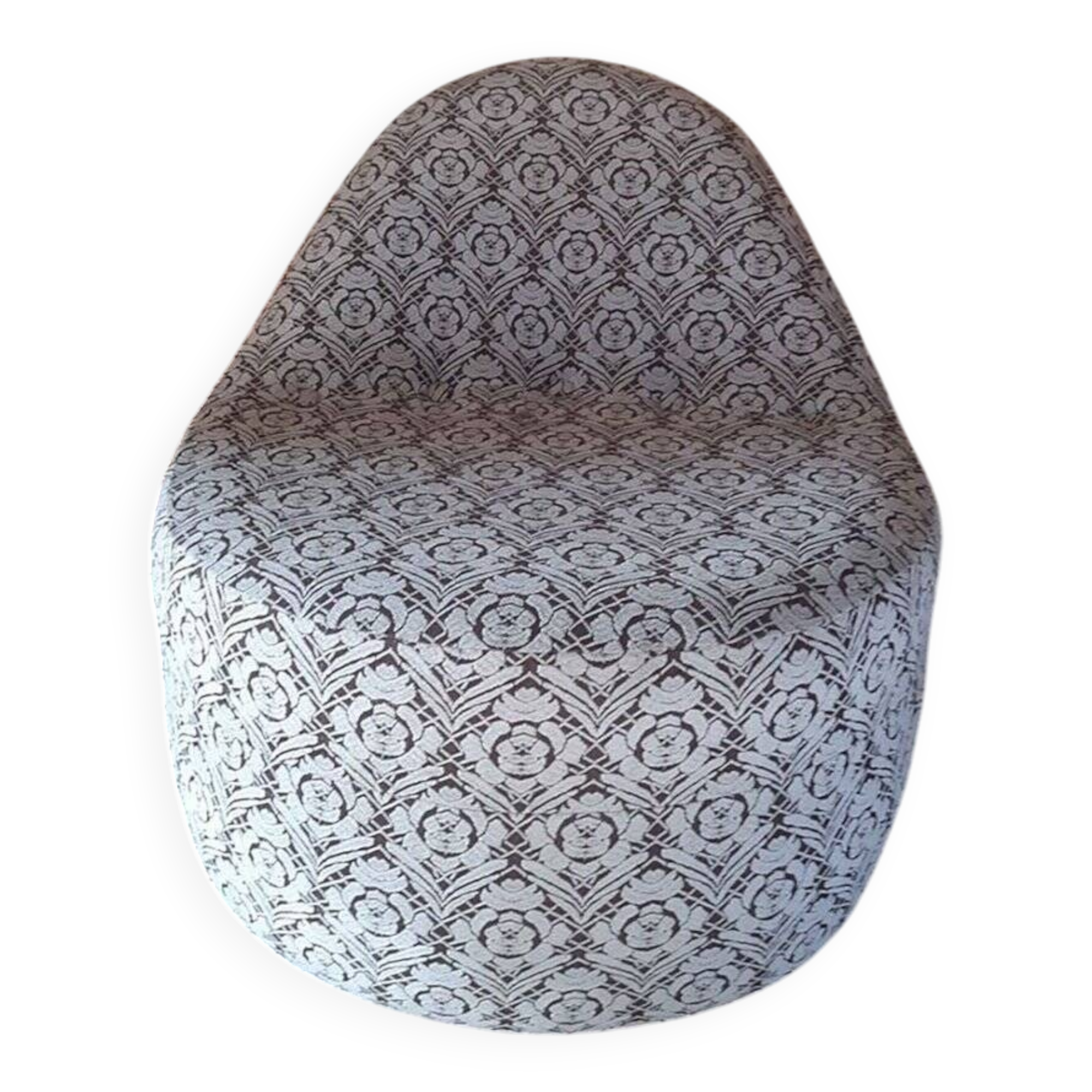 1970s vintage armchair in multicoloured patterned fabric, rounded silhouette