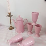 Service à café, cafetière et 5 mazagrans roses