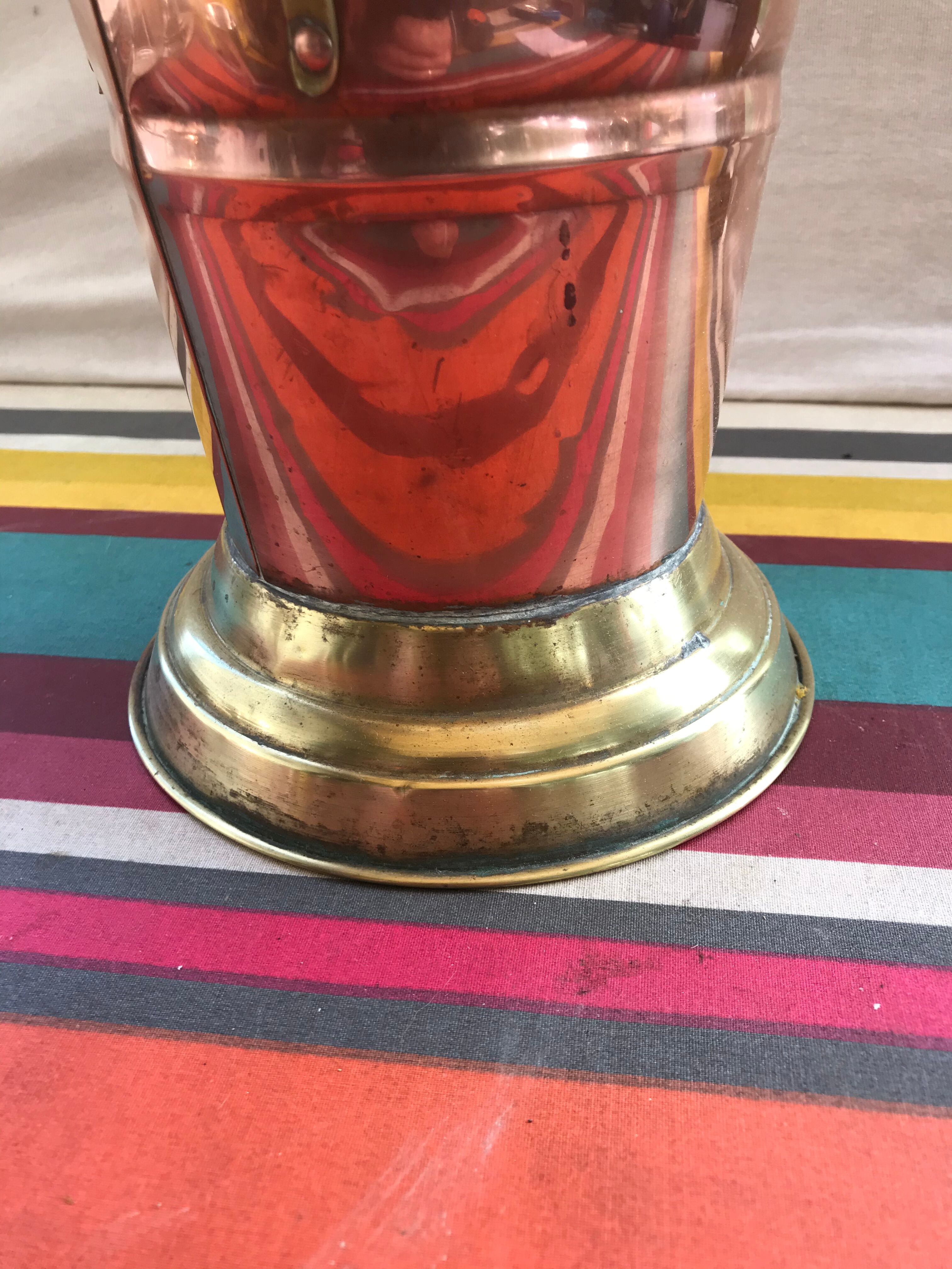 Ancien seau à charbon et porte parapluie en cuivre & laiton avec anses porcelaine vintage