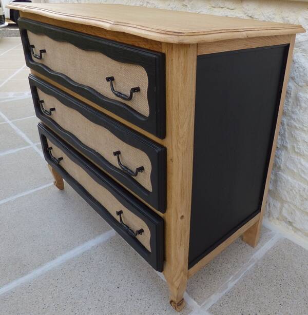 Solid wood 3 drawer chest of drawers in natural and black wood with drawer