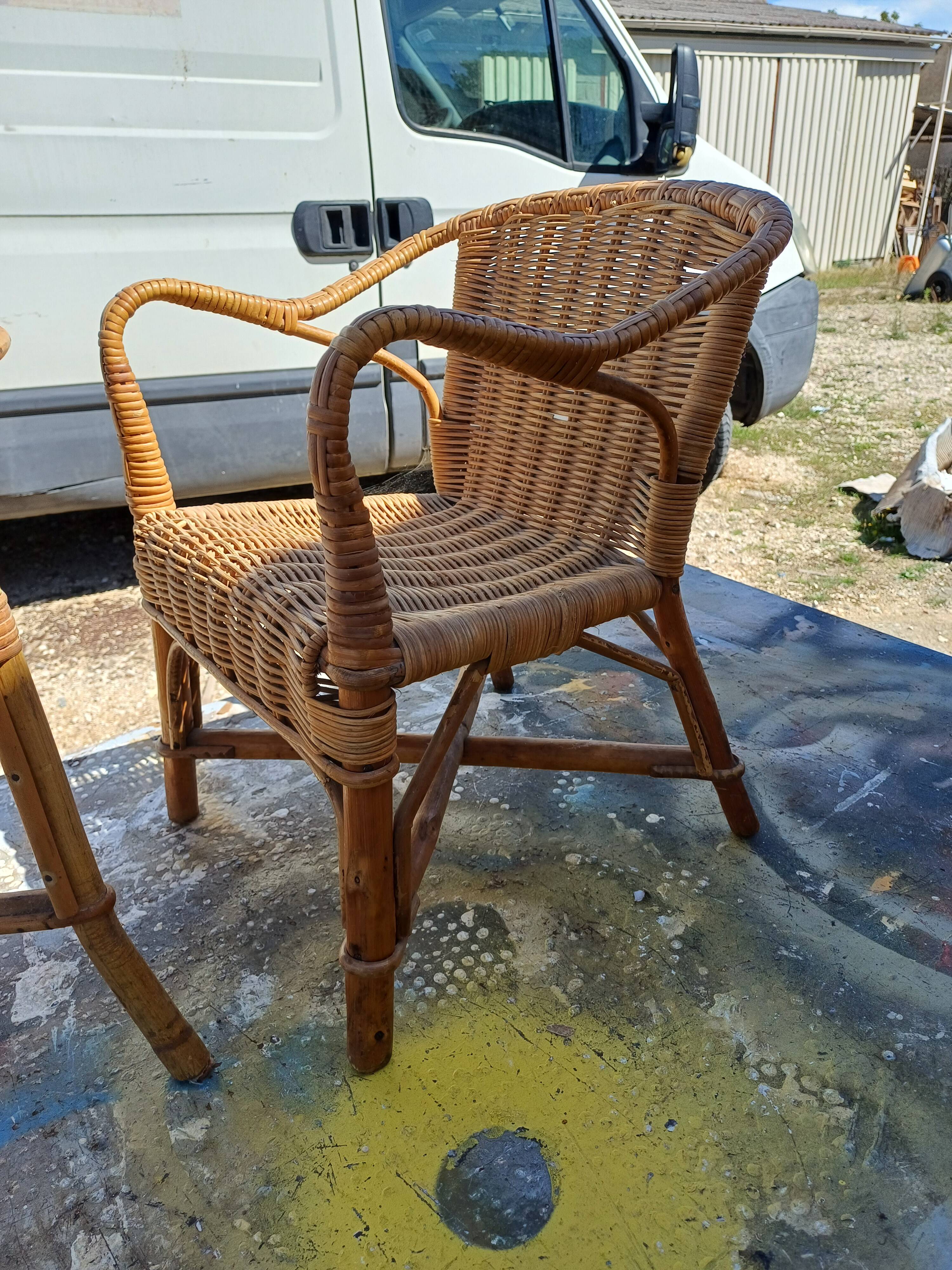 Vintage Bamboo and Rattan Children's Table + Armchair