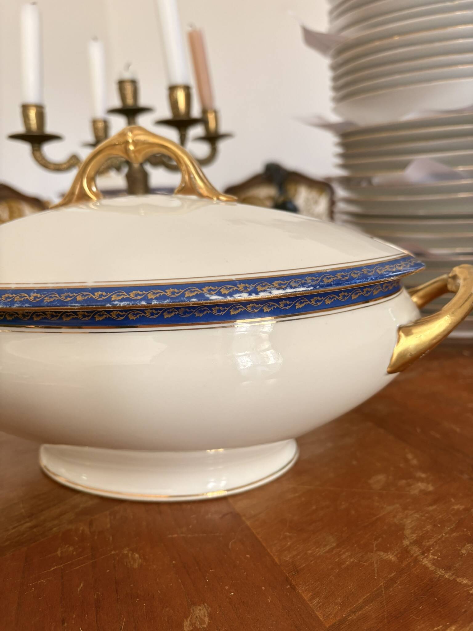 Large Soup Tureen Porcelain Limoges Blue Gold Betoule & Legrand France 1/2