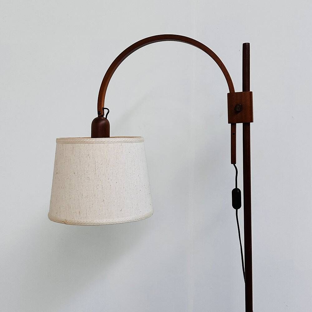 Mid-century modern adjustable teak arc floor lamp with fabric shade, 1960s