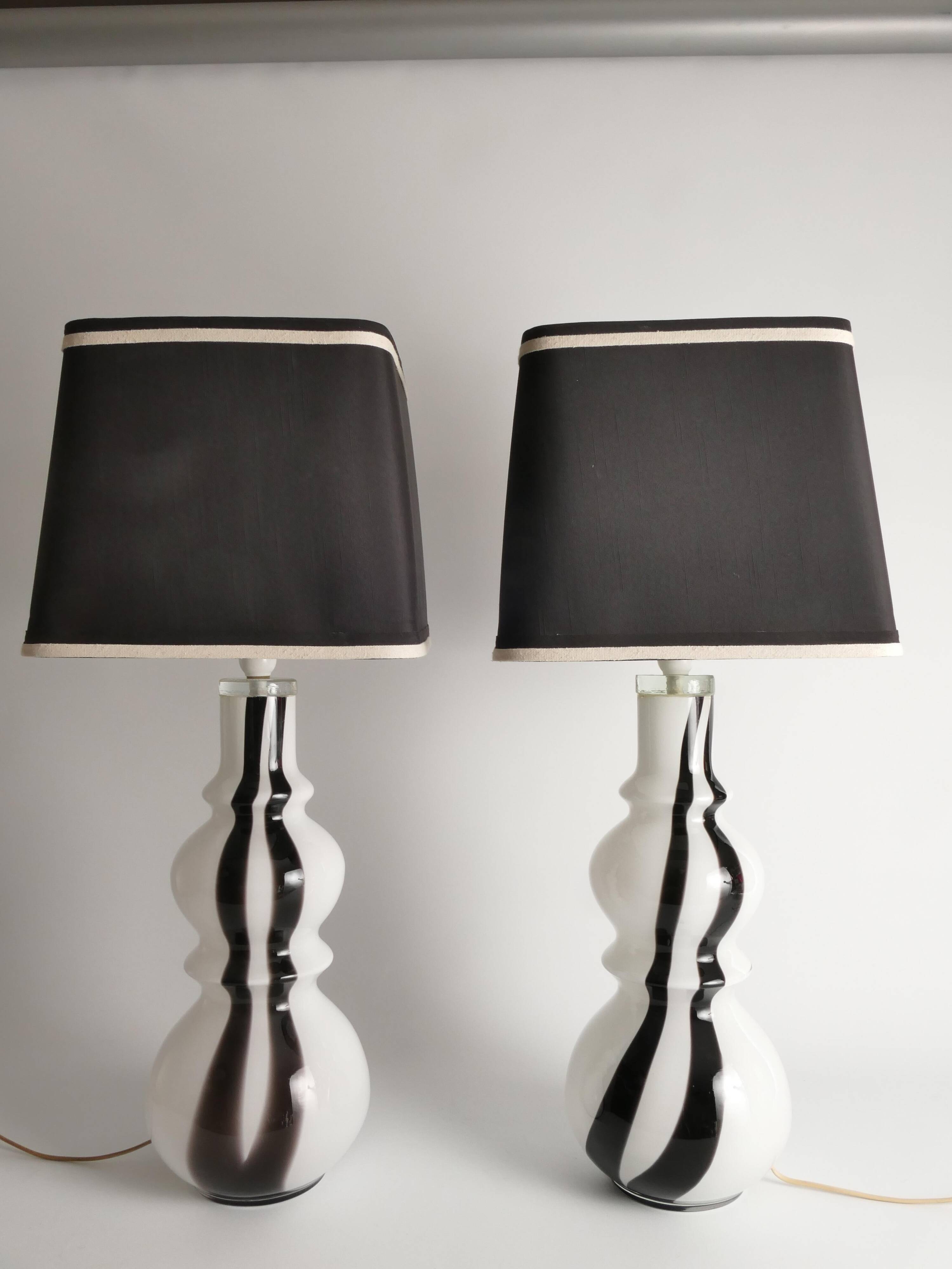 Sculptural Art Glass Murano Style Table Lamps, Black & White, 1960s, Set of 2