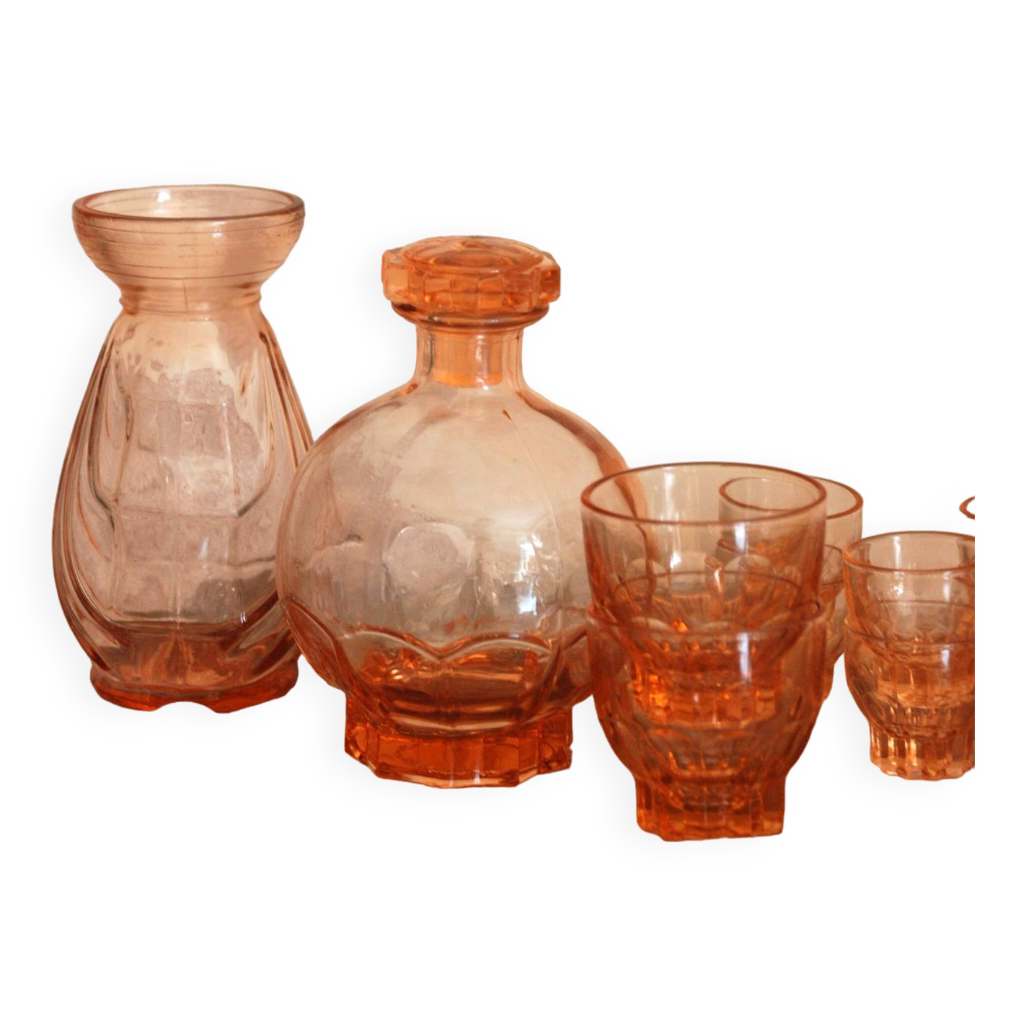 Pink glass liqueur set and accessories from the 1950s