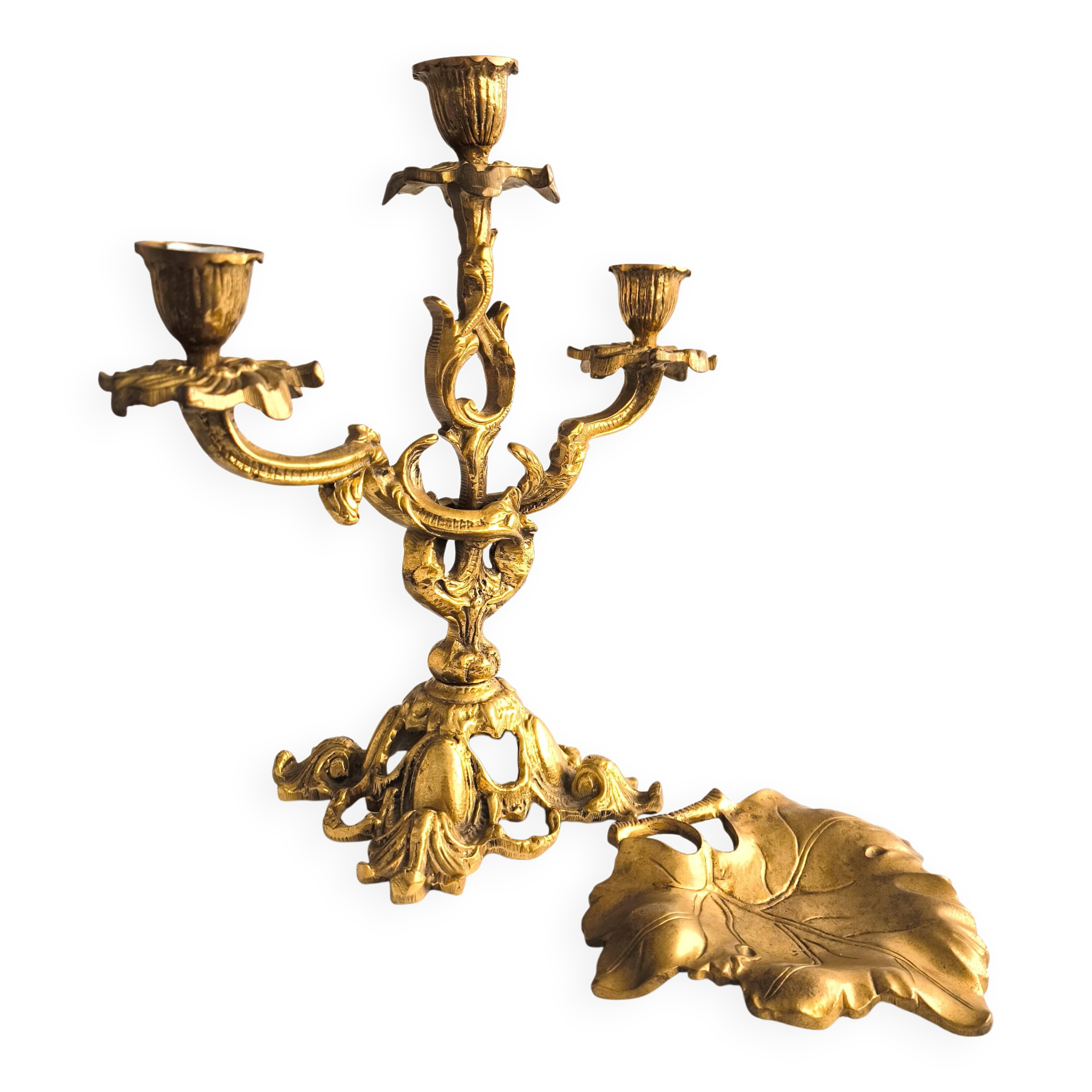 French Dessert Set: Candelabrum and "Feuille" Tray in Gilded Bronze