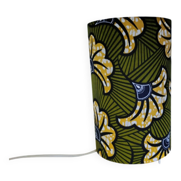 Lampe tube wax imprimé ethnique fleurs stylisées vert olive/jaune