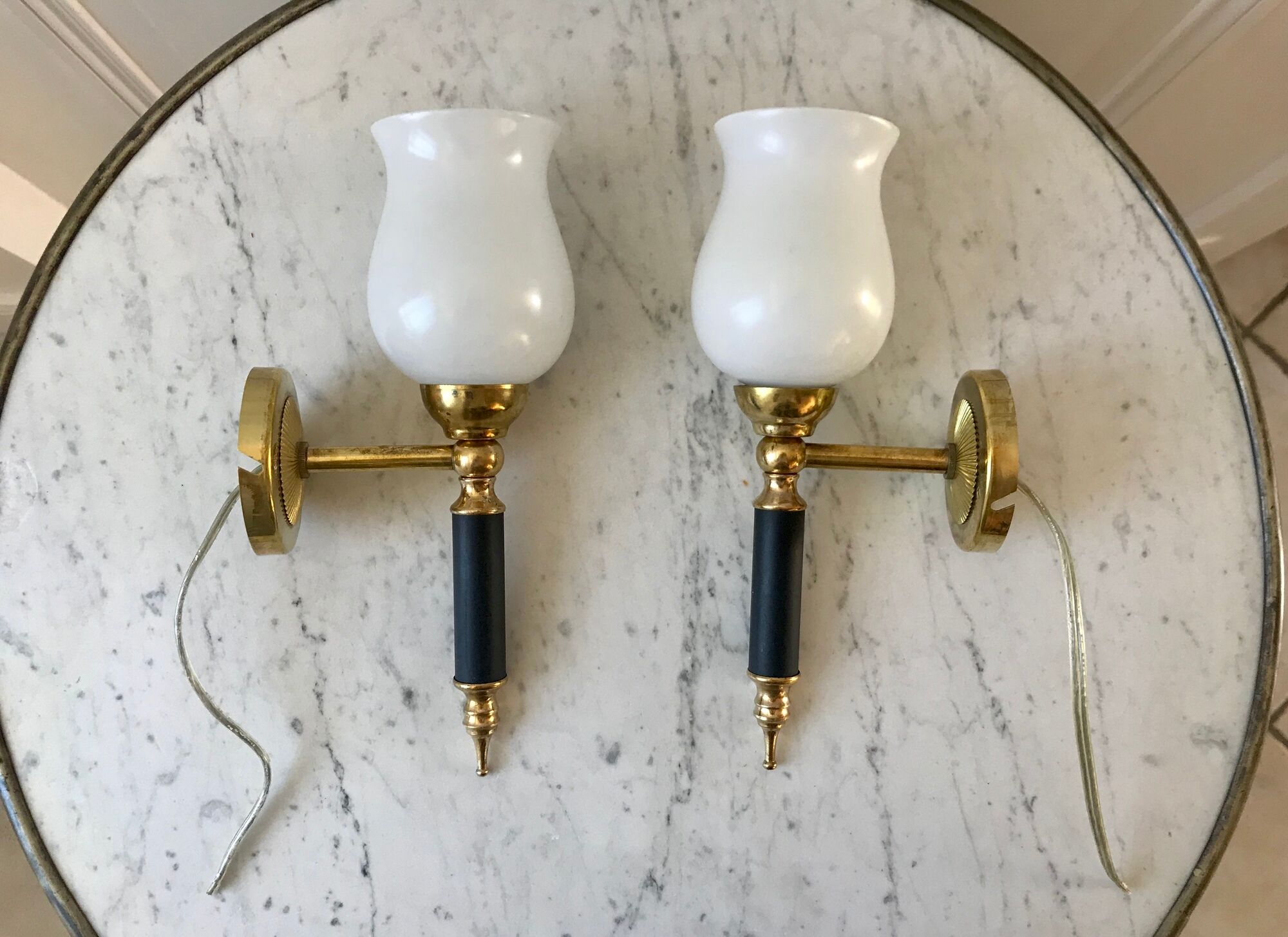 Pair of opaline and golden brass wall lamps art deco style 30s