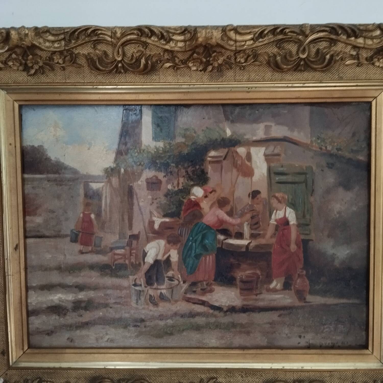 Old painting village scene