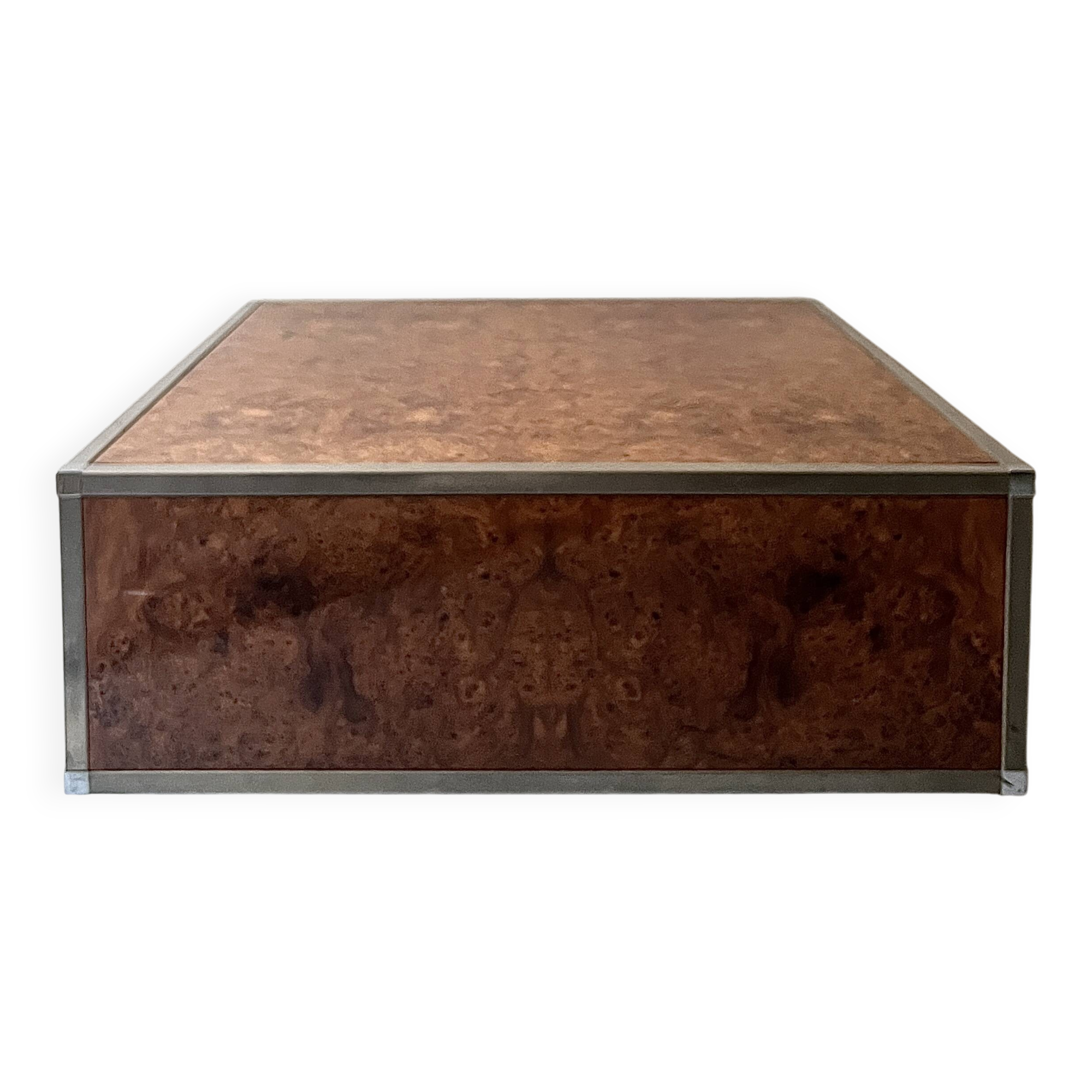Square coffee table in metal and elm burl in the style of Willy Rizzo, 1970