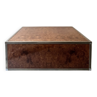 Square coffee table in metal and elm burl in the style of Willy Rizzo, 1970