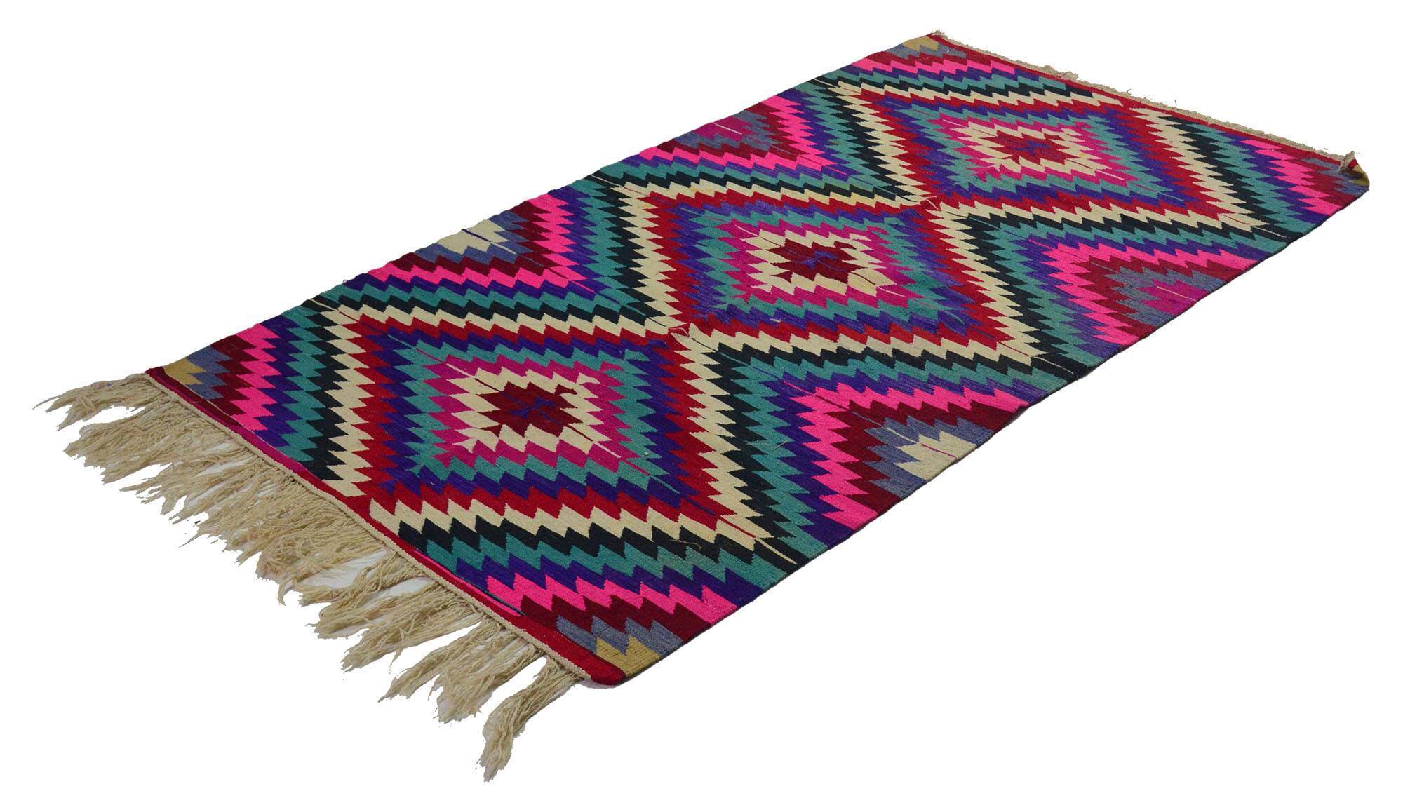 Turkish Kilim Yuruk Vintage 136x245 cm Geometric Pink Green Purple