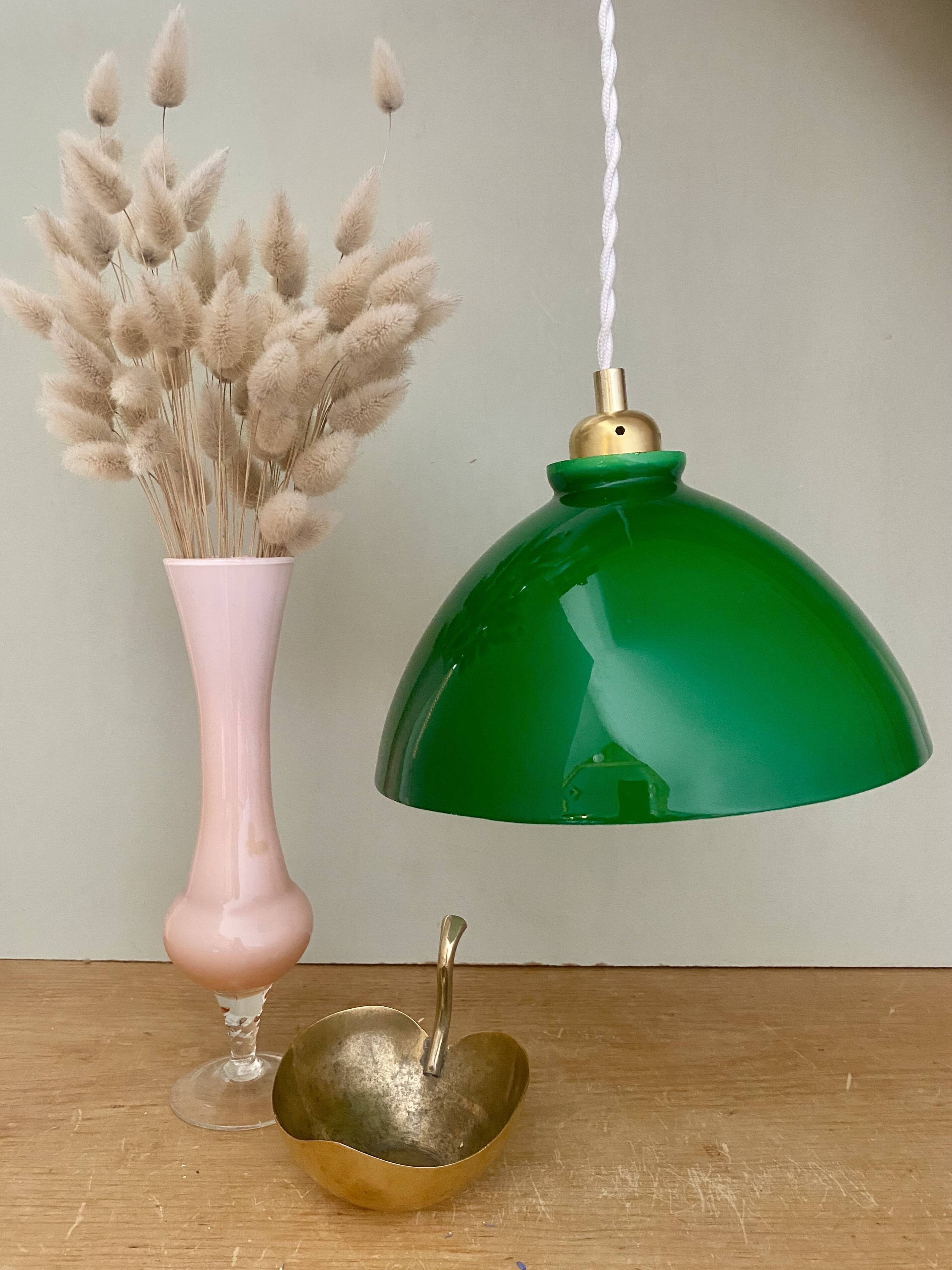 Vintage lampshade pendant light in green and white opaline