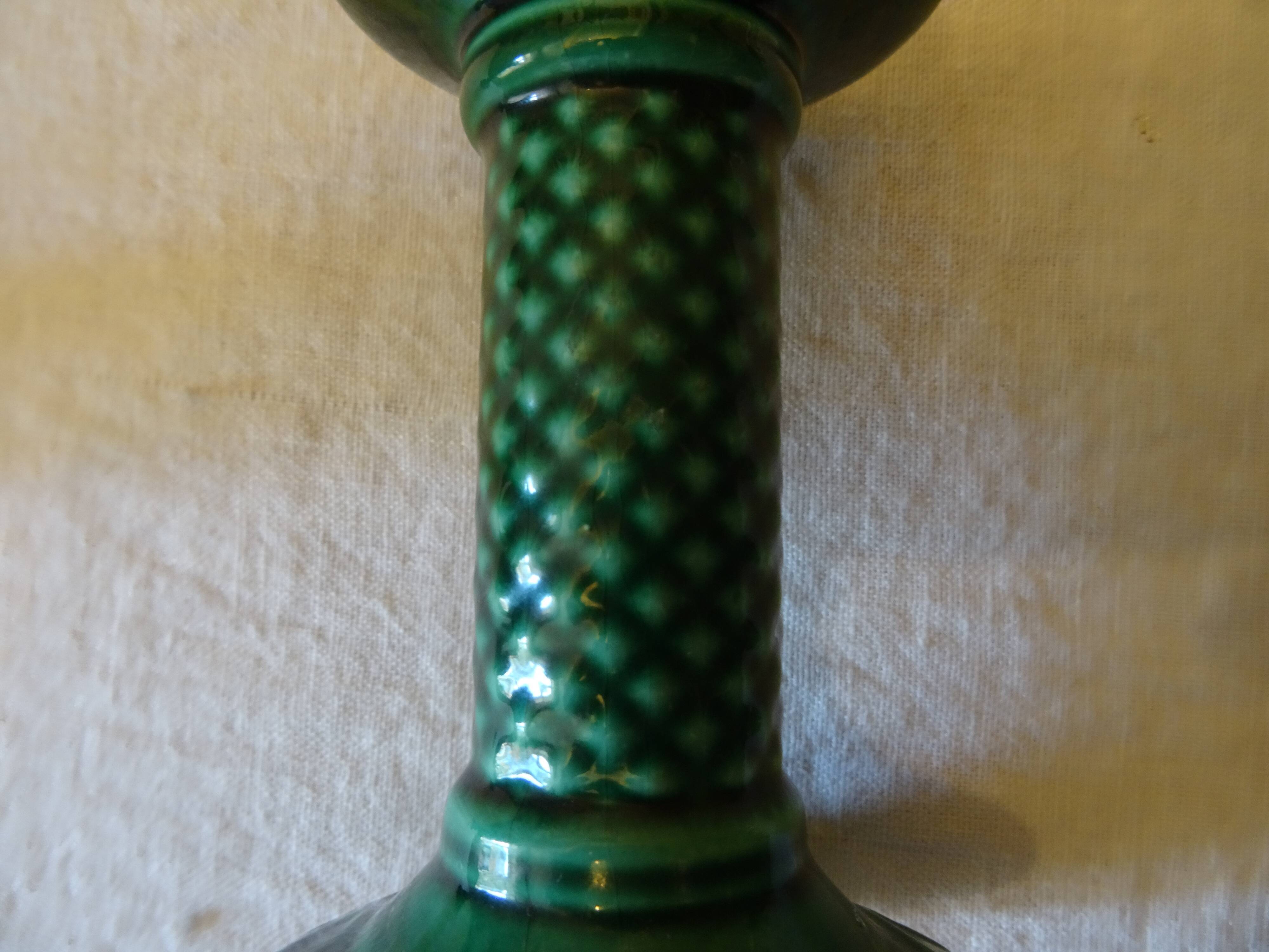 Pair of candlesticks in green faience style Saint Clement