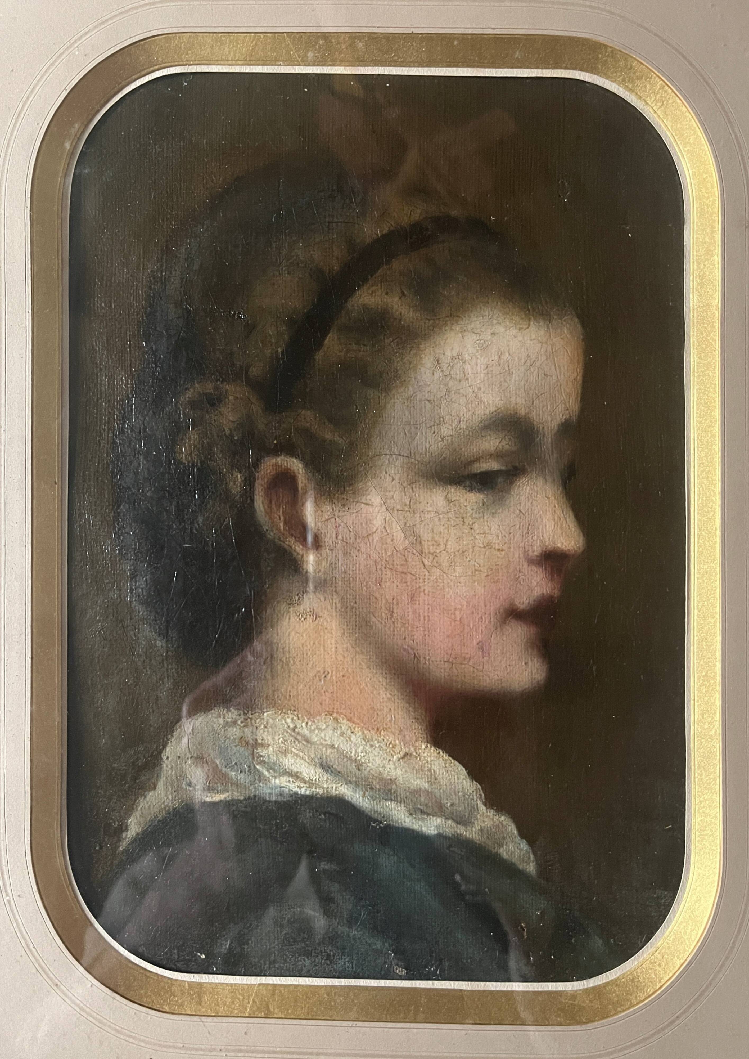 HST/P painting "Family portrait, Young woman" 19th century + frame