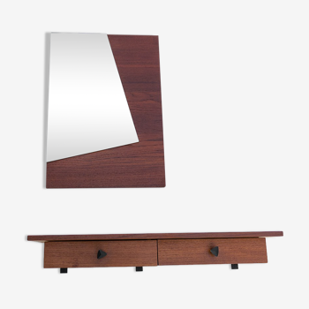 Teak mirror and shelf with drawers, 1950s