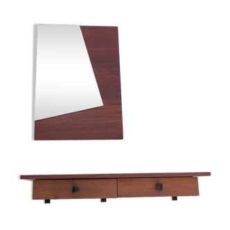 Miroir en teck et étagère avec tiroirs, années 1950