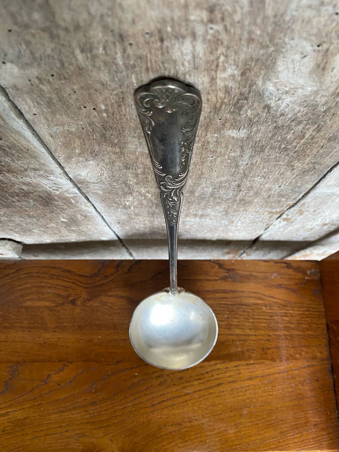 Old SFAM Goldsmith's Ladle Silver Plated Metal 12G Leaf Decor #B342