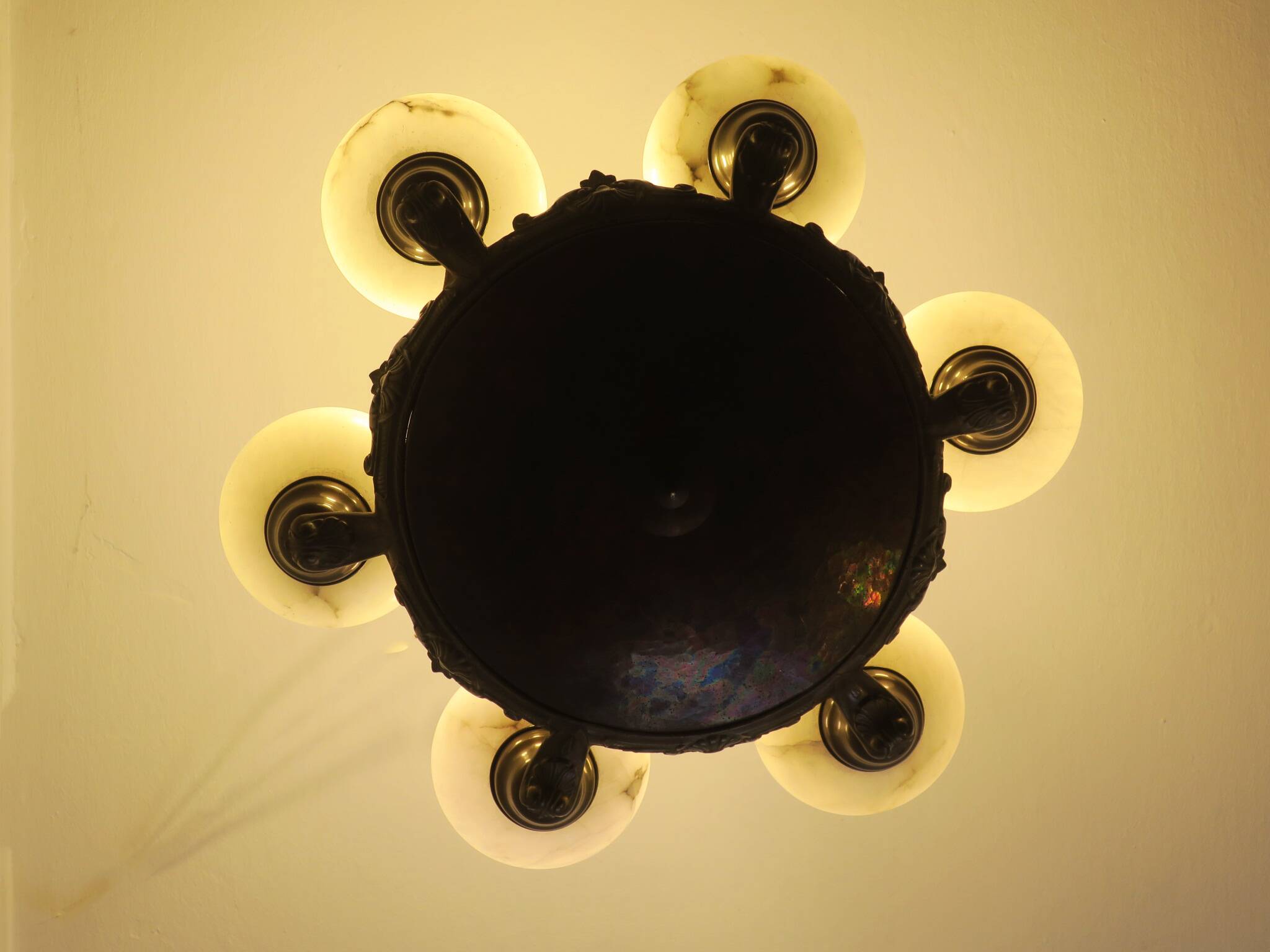 Antique bronze and alabaster 6-light chandelier, 1910