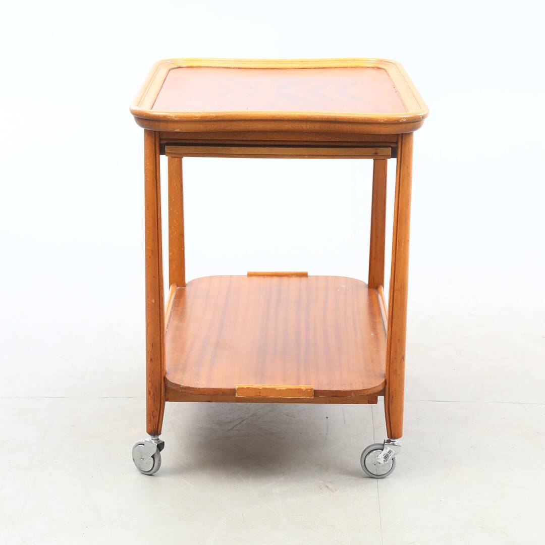 Vintage wooden and glass serving table with wheels, removable top, 1960s Sweden