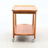 Vintage wooden and glass serving table with wheels, removable top, 1960s Sweden