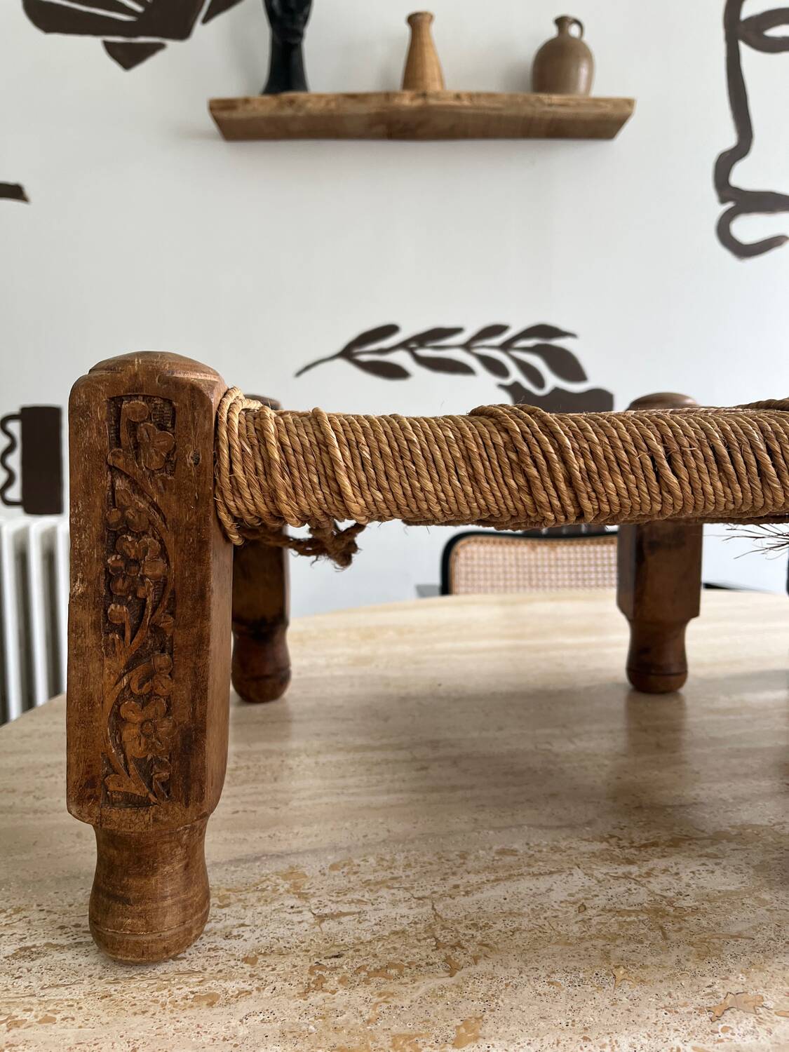 Carved and woven wooden stools from the 70s